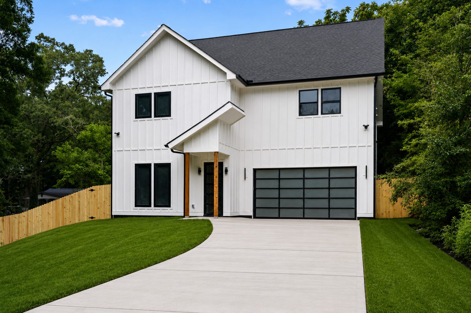 Front exterior of 2659 Flat Shoals Road, a white modern farmhouse