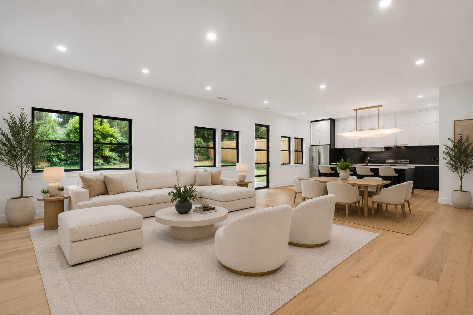 Open-concept great room with living and dining
