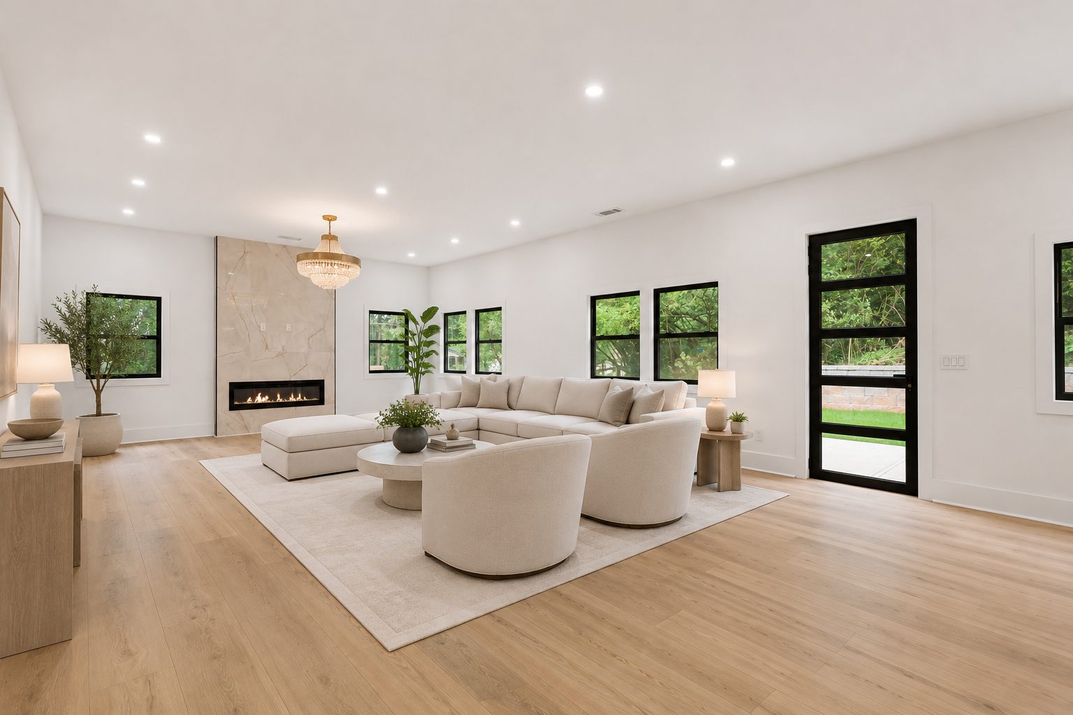Living room with black glass door to backyard