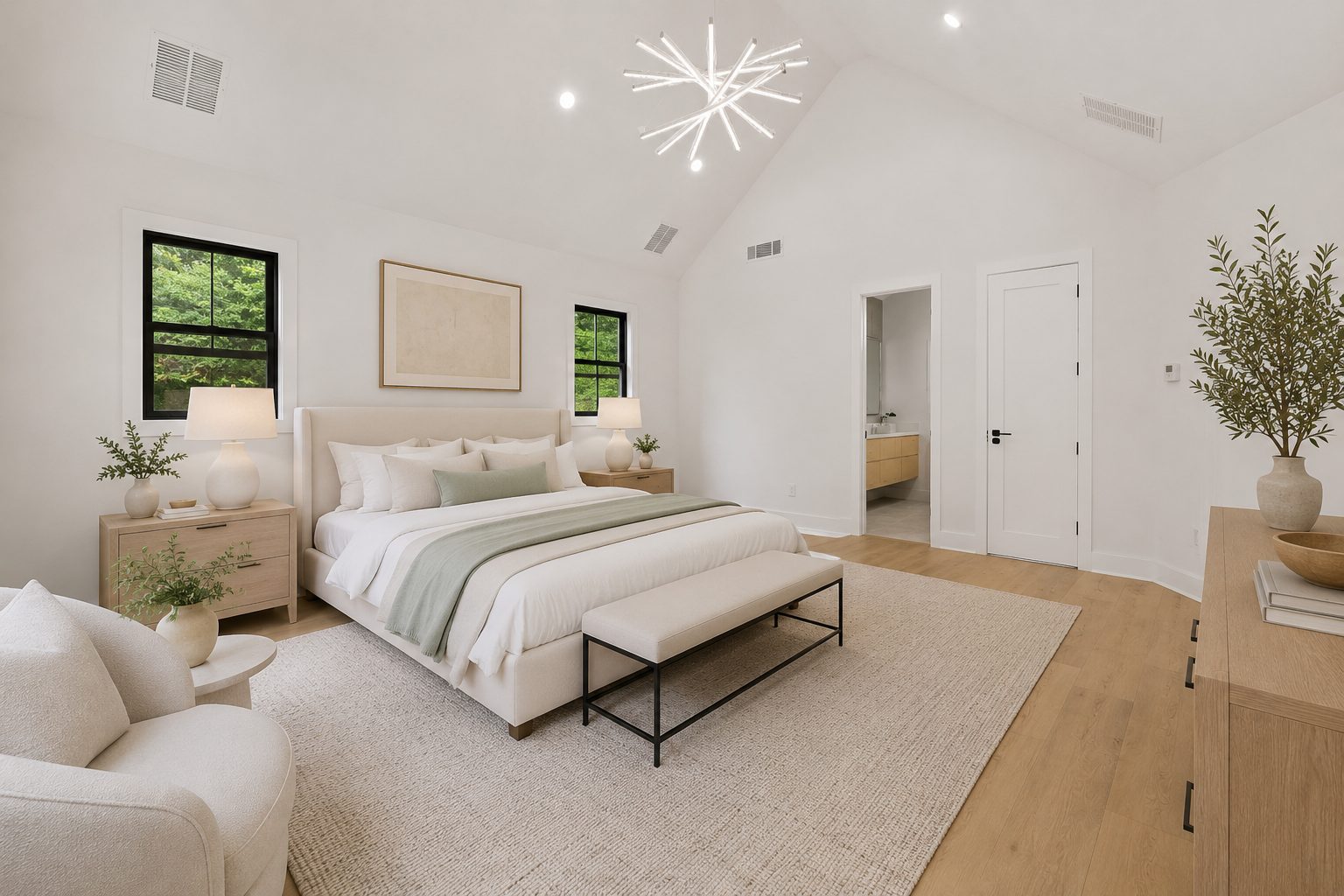 Vaulted primary bedroom with sputnik chandelier